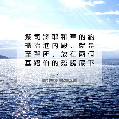 Picture 07 - 列 王 紀 上 8:6 CUVT - 祭 司 將 耶 和 華 的 約 櫃 抬 進 內 - Bible Verse Picture