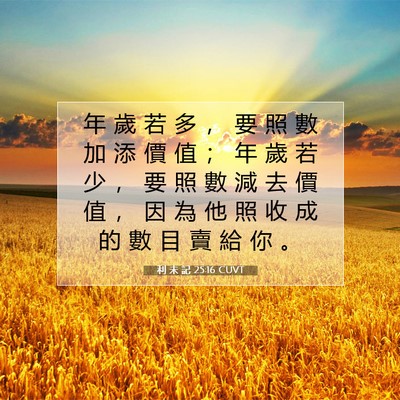 Picture 07 - 利 未 記 25:16 CUVT - 年 歲 若 多 ， 要 照 數 加 添 價 值 - Bible Verse Picture