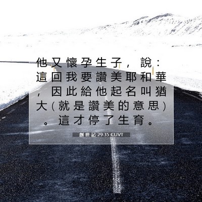 Picture 07 - 創 世 記 29:35 CUVT - 他 又 懷 孕 生 子 ， 說 ： 這 回 我 - Bible Verse Picture