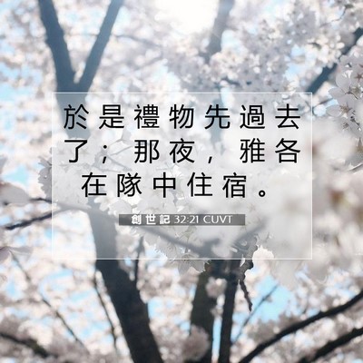 Picture 07 - 創 世 記 32:21 CUVT - 於 是 禮 物 先 過 去 了 ； 那 夜 ， - Bible Verse Picture