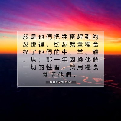 Picture 07 - 創 世 記 47:17 CUVT - 於 是 他 們 把 牲 畜 趕 到 約 瑟 那 - Bible Verse Picture