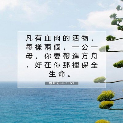 Picture 07 - 創 世 記 6:19 CUVT - 凡 有 血 肉 的 活 物 ， 每 樣 兩 個 - Bible Verse Picture