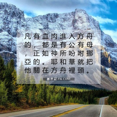 Picture 07 - 創 世 記 7:16 CUVT - 凡 有 血 肉 進 入 方 舟 的 ， 都 是 - Bible Verse Picture
