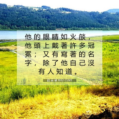 Picture 07 - 启 示 录 19:12 CUVT - 他 的 眼 睛 如 火 燄 ， 他 頭 上 戴 - Bible Verse Picture