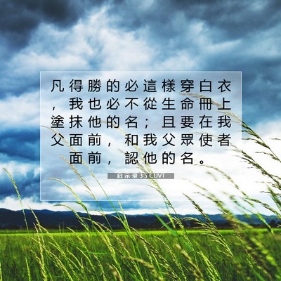 Picture 07 - 启 示 录 3:5 CUVT - 凡 得 勝 的 必 這 樣 穿 白 衣 ， 我 - Bible Verse Picture