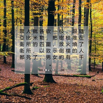 Picture 07 - 士 師 記 9:49 CUVT - 眾 人 就 各 砍 一 枝 ， 跟 隨 亞 比 - Bible Verse Picture