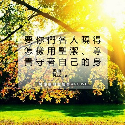 Picture 07 - 帖 撒 羅 尼 迦 前 書 4:4 CUVT - 要 你 們 各 人 曉 得 怎 樣 用 聖 潔 - Bible Verse Picture