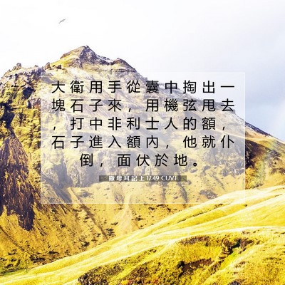 Picture 07 - 撒 母 耳 記 上 17:49 CUVT - 大 衛 用 手 從 囊 中 掏 出 一 塊 石 - Bible Verse Picture