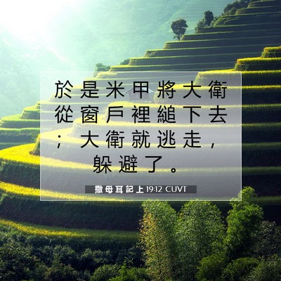 Picture 07 - 撒 母 耳 記 上 19:12 CUVT - 於 是 米 甲 將 大 衛 從 窗 戶 裡 縋 - Bible Verse Picture