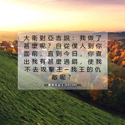 Picture 07 - 撒 母 耳 記 上 29:8 CUVT - 大 衛 對 亞 吉 說 ： 我 做 了 甚 麼 - Bible Verse Picture