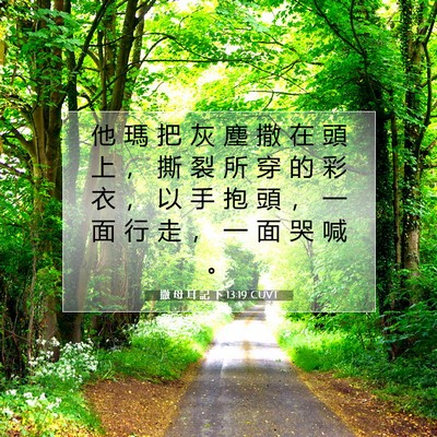 Picture 07 - 撒 母 耳 記 下 13:19 CUVT - 他 瑪 把 灰 塵 撒 在 頭 上 ， 撕 裂 - Bible Verse Picture