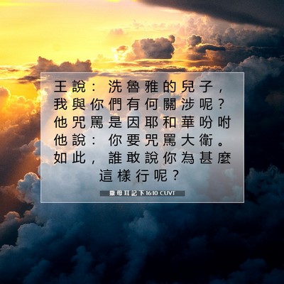 Picture 07 - 撒 母 耳 記 下 16:10 CUVT - 王 說 ： 洗 魯 雅 的 兒 子 ， 我 與 - Bible Verse Picture
