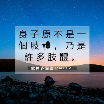 Picture 07 - 歌 林 多 前 書 12:14 CUVT - 身 子 原 不 是 一 個 肢 體 ， 乃 是 - Bible Verse Picture