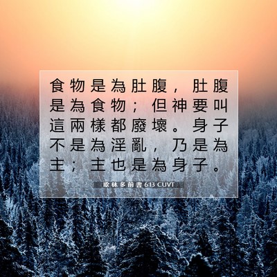 Picture 07 - 歌 林 多 前 書 6:13 CUVT - 食 物 是 為 肚 腹 ， 肚 腹 是 為 食 - Bible Verse Picture