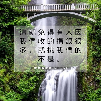 Picture 07 - 歌 林 多 後 書 8:20 CUVT - 這 就 免 得 有 人 因 我 們 收 的 捐 - Bible Verse Picture