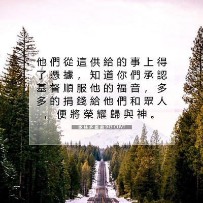 Picture 07 - 歌 林 多 後 書 9:13 CUVT - 他 們 從 這 供 給 的 事 上 得 了 憑 - Bible Verse Picture
