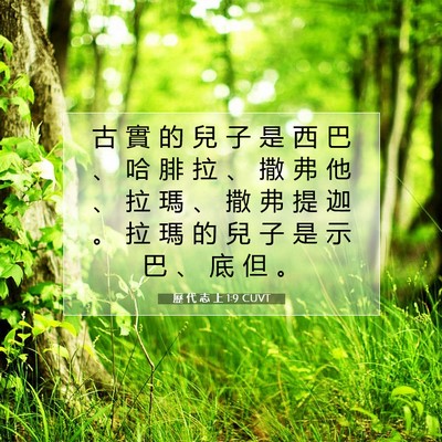 Picture 07 - 歷 代 志 上 1:9 CUVT - 古 實 的 兒 子 是 西 巴 、 哈 腓 拉 - Bible Verse Picture