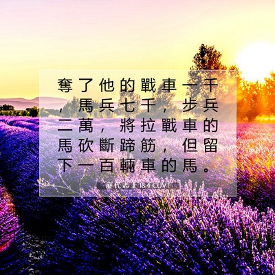 Picture 07 - 歷 代 志 上 18:4 CUVT - 奪 了 他 的 戰 車 一 千 ， 馬 兵 七 - Bible Verse Picture