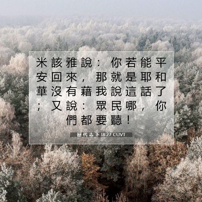 Picture 07 - 歷 代 志 下 18:27 CUVT - 米 該 雅 說 ： 你 若 能 平 安 回 來 - Bible Verse Picture