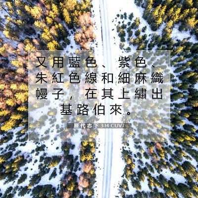 Picture 07 - 歷 代 志 下 3:14 CUVT - 又 用 藍 色 、 紫 色 、 朱 紅 色 線 - Bible Verse Picture