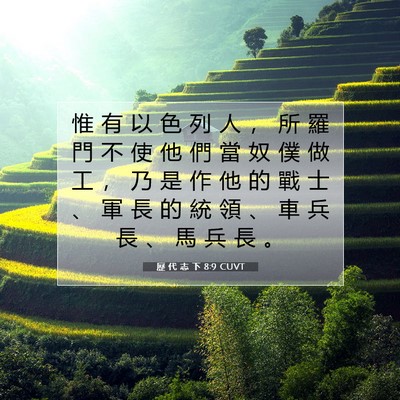 Picture 07 - 歷 代 志 下 8:9 CUVT - 惟 有 以 色 列 人 ， 所 羅 門 不 使 - Bible Verse Picture