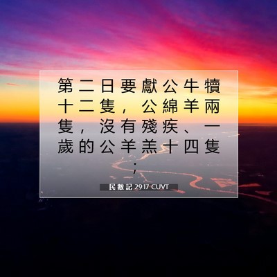 Picture 07 - 民 數 記 29:17 CUVT - 第 二 日 要 獻 公 牛 犢 十 二 隻 ， - Bible Verse Picture