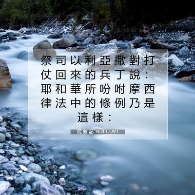 Picture 07 - 民 數 記 31:21 CUVT - 祭 司 以 利 亞 撒 對 打 仗 回 來 的 - Bible Verse Picture