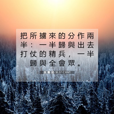 Picture 07 - 民 數 記 31:27 CUVT - 把 所 擄 來 的 分 作 兩 半 ： 一 半 - Bible Verse Picture