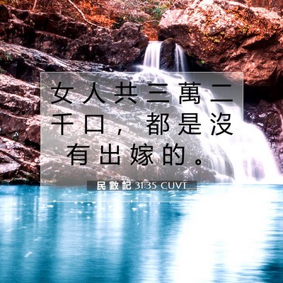 Picture 07 - 民 數 記 31:35 CUVT - 女 人 共 三 萬 二 千 口 ， 都 是 沒 - Bible Verse Picture
