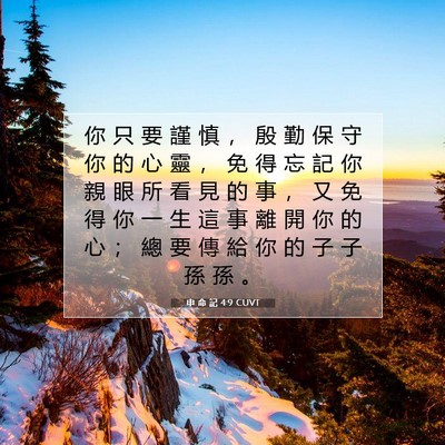 Picture 07 - 申 命 記 4:9 CUVT - 你 只 要 謹 慎 ， 殷 勤 保 守 你 的 - Bible Verse Picture