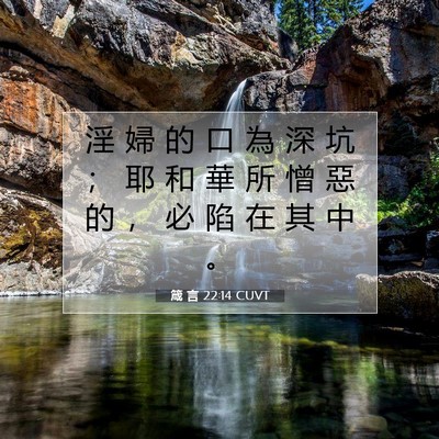 Picture 07 - 箴 言 22:14 CUVT - 淫 婦 的 口 為 深 坑 ； 耶 和 華 所 - Bible Verse Picture