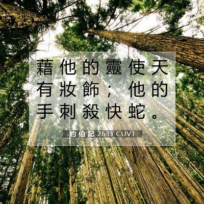 Picture 07 - 約 伯 記 26:13 CUVT - 藉 他 的 靈 使 天 有 妝 飾 ； 他 的 - Bible Verse Picture
