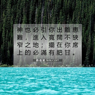Picture 07 - 約 伯 記 36:16 CUVT - 神 也 必 引 你 出 離 患 難 ， 進 入 - Bible Verse Picture