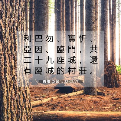 Picture 07 - 約 書 亞 記 15:32 CUVT - 利 巴 勿 、 實 忻 、 亞 因 、 臨 門 - Bible Verse Picture