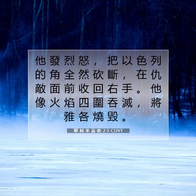 Picture 07 - 耶 利 米 哀 歌 2:3 CUVT - 他 發 烈 怒 ， 把 以 色 列 的 角 全 - Bible Verse Picture