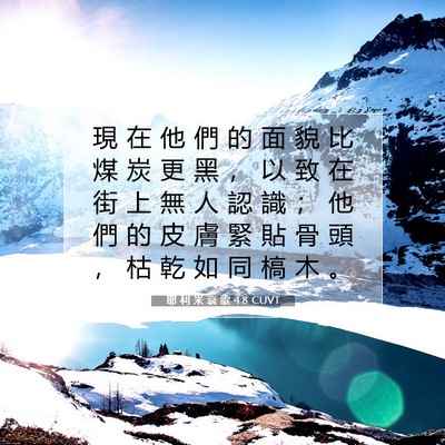 Picture 07 - 耶 利 米 哀 歌 4:8 CUVT - 現 在 他 們 的 面 貌 比 煤 炭 更 黑 - Bible Verse Picture