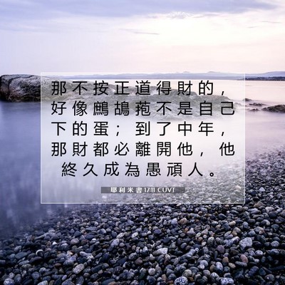 Picture 07 - 耶 利 米 書 17:11 CUVT - 那 不 按 正 道 得 財 的 ， 好 像 鷓 - Bible Verse Picture