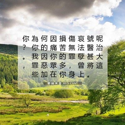Picture 07 - 耶 利 米 書 30:15 CUVT - 你 為 何 因 損 傷 哀 號 呢 ？ 你 的 - Bible Verse Picture