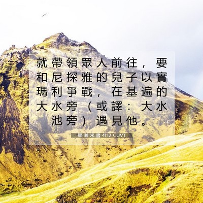 Picture 07 - 耶 利 米 書 41:12 CUVT - 就 帶 領 眾 人 前 往 ， 要 和 尼 探 - Bible Verse Picture