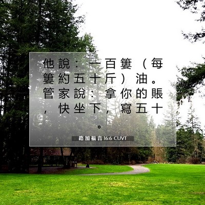Picture 07 - 路 加 福 音 16:6 CUVT - 他 說 ： 一 百 簍 （ 每 簍 約 五 十 - Bible Verse Picture