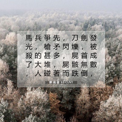Picture 07 - 那 鴻 書 3:3 CUVT - 馬 兵 爭 先 ， 刀 劍 發 光 ， 槍 矛 - Bible Verse Picture
