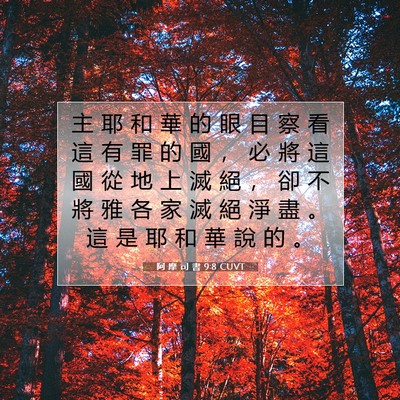Picture 07 - 阿 摩 司 書 9:8 CUVT - 主 耶 和 華 的 眼 目 察 看 這 有 罪 - Bible Verse Picture