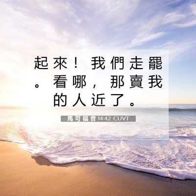 Picture 07 - 馬 可 福 音 14:42 CUVT - 起 來 ！ 我 們 走 罷 。 看 哪 ， 那 - Bible Verse Picture