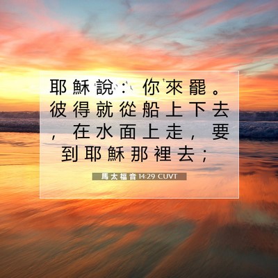 Picture 07 - 馬 太 福 音 14:29 CUVT - 耶 穌 說 ： 你 來 罷 。 彼 得 就 從 - Bible Verse Picture