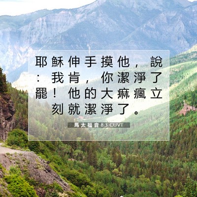 Picture 07 - 馬 太 福 音 8:3 CUVT - 耶 穌 伸 手 摸 他 ， 說 ： 我 肯 ， - Bible Verse Picture